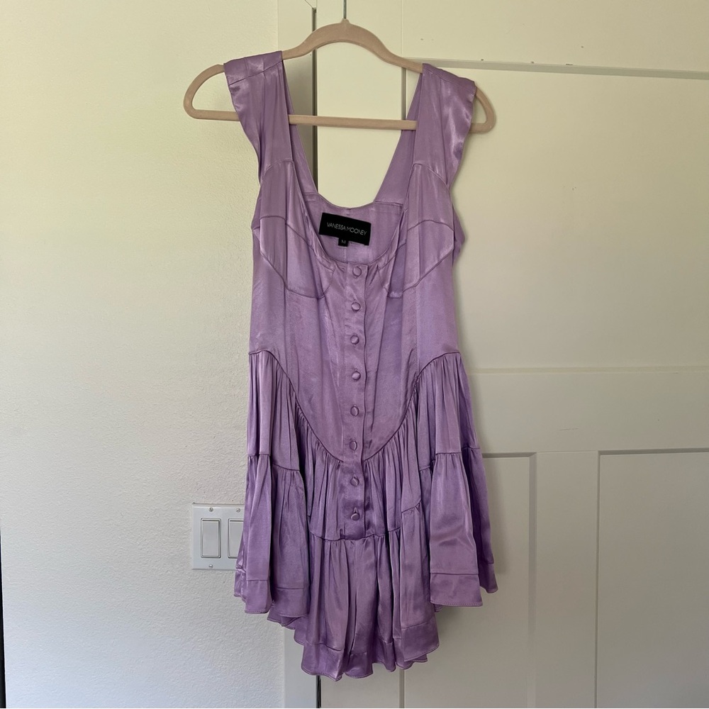 Vanessa Mooney Lavender Purple Tiered Button Romper Dress